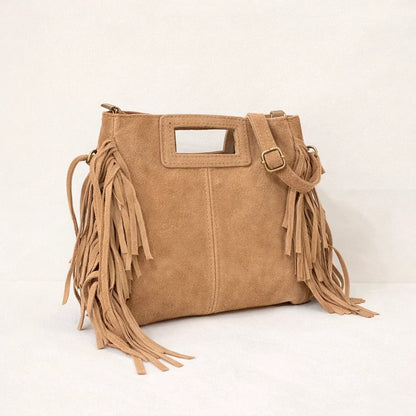 Bolso Córdoba de ante sintético con flecos en color camel
